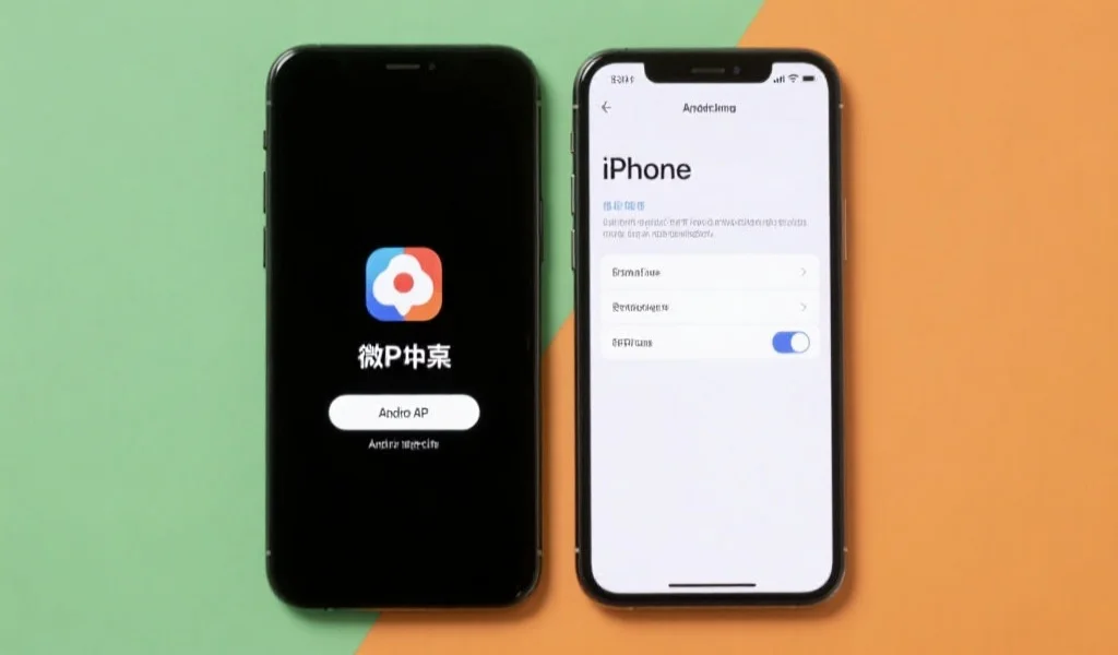 展示安卓手机与iPhone并列放置，屏幕上分别显示微扑克APP安装界面和信任开发者的设置页面
